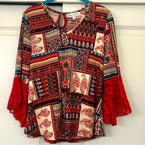 Stem & Vine multi red/rust blue patterned blouse M